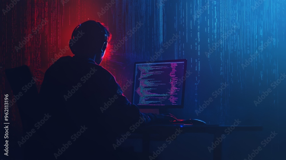 Aufkleber A programmer working in a dark room with red and blue neon lights. Reflects intense focus on late-night coding.