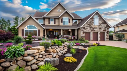 Dream Home with Stone Wall and Lush Landscaping, real estate , home , landscaping