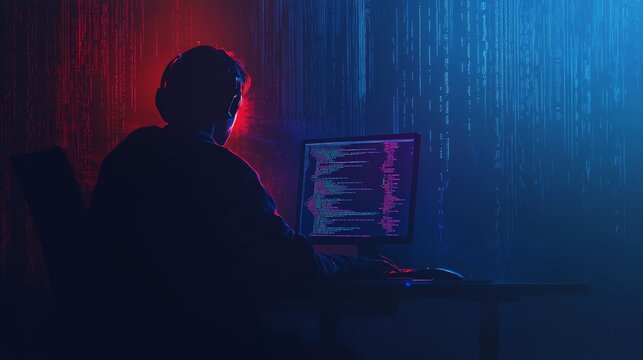 A programmer working in a dark room with red and blue neon lights. Reflects intense focus on late-night coding.