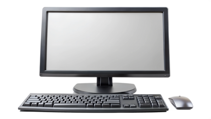 Computer setup with monitor and keyboard on desk, cut out transparent
