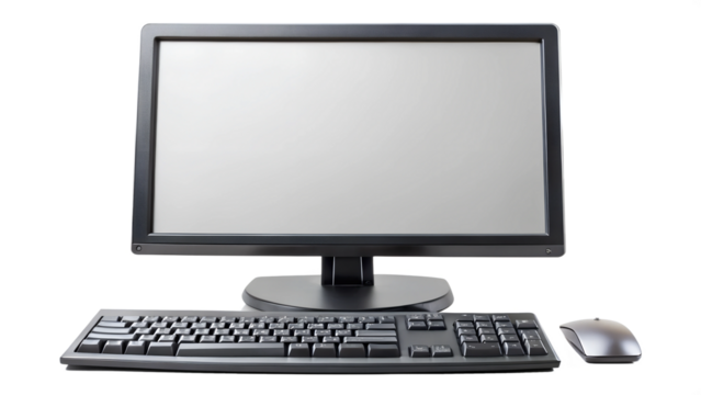 Computer setup with monitor and keyboard on desk, cut out transparent