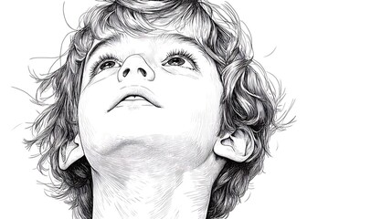 Fototapeta premium A black and white line drawing of a young boy looking up with a hopeful expression.