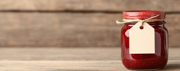 A rustic jar of homemade jam with a blank tag, set against a wooden background, perfect for food and kitchen themes.
