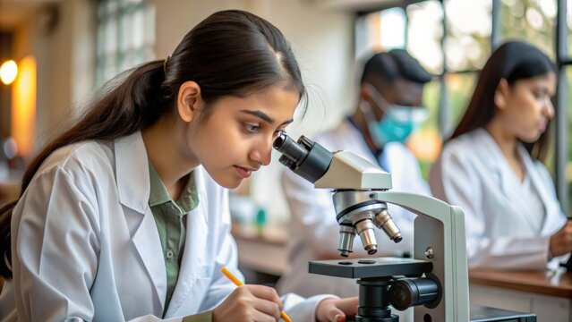 Indian student working in a biology lab, using microscopes to observe samples, enhancing their practical scientific knowledge.