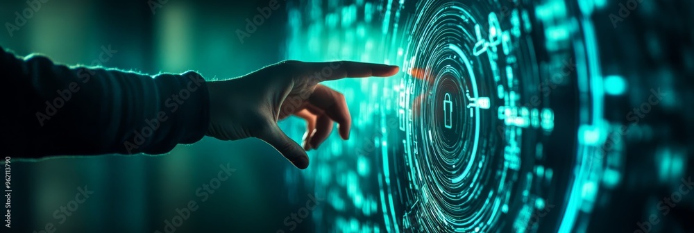 Aufkleber Man with binary code projected on his face in a digital background, symbolizing data security and hacking threats.