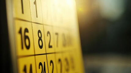 Close-up of a vibrant yellow calendar with numerical highlights, showcasing an interesting perspective in soft natural light.