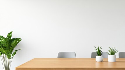Minimalist office conference room with a large wooden table, ergonomic chairs, and clean white walls, fostering a professional ambiance
