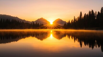 Fototapeta premium A stunning sunrise over a tranquil lake, reflecting mountains and trees, creating a serene atmosphere in nature.