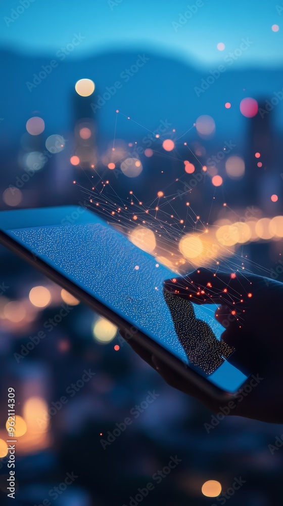 Poster fingers touching a tablet, interacting with glowing data, representing communication and technology 