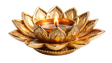 Elegant golden lotus candle holder with lit candle, cut out transparent