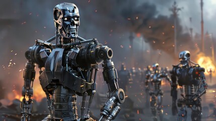 Fototapeta premium A menacing army of robots with glowing red eyes stands amidst a scene of chaos and destruction, representing a dystopian future where machines have taken over.