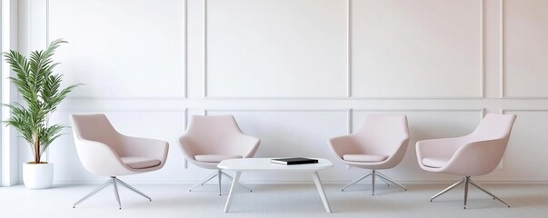 Minimalist office waiting area with white walls, clean chairs, and a single coffee table, maintaining simplicity and elegance