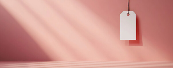 Minimalist scene with a blank tag hanging against a soft pink wall, featuring gentle light rays creating an inviting atmosphere.