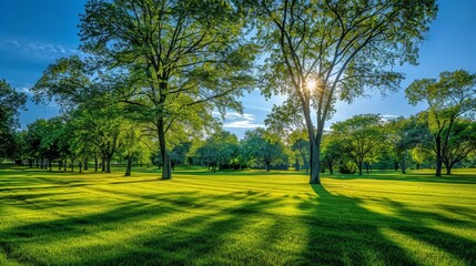 Obraz premium Sunlit Meadow Through Trees, Wide Shot, Green Meadow, Blue Sky, Sunny Day, Sun, Trees