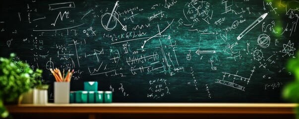 blackboard background and formulas written by white chalk , an image with a blackboard background and mathematical equations written on it , a realistic texture and color resembling classroom