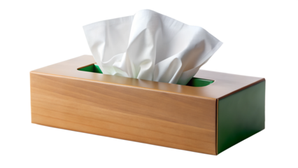 Wooden tissue box with cotton tissues on display, cut out transparent