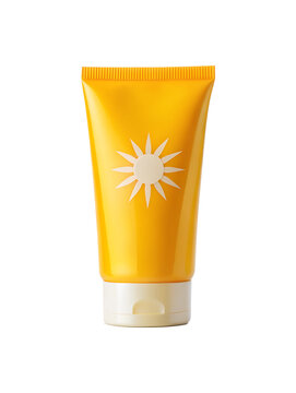 Bright yellow sunscreen tube with sun design, cut out transparent