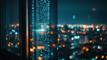Digital code reflected on the window of a skyscraper at night. Urban skyline with abstract code overlay.