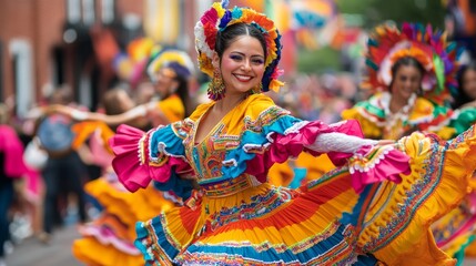 A vibrant street festival scene celebrating Hispanic Heritage Month, featuring traditional costumes, decorations, and dance performances