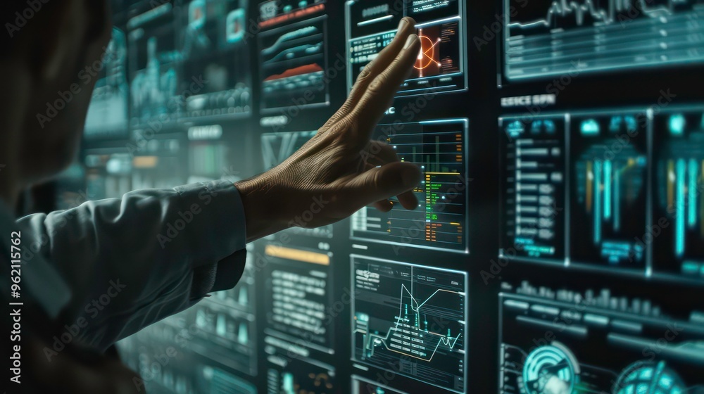 Poster a hand reaches out to touch a large interactive display with various data visualizations.