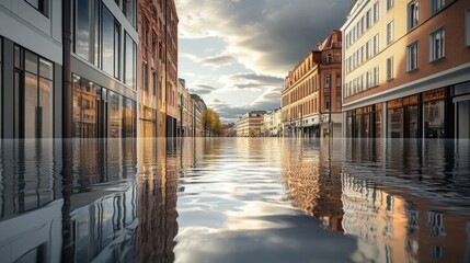 Naklejka premium A flooded urban street with water reflecting the buildings and sky. The minimalist composition focuses on the rising water levels and the calm, yet eerie atmosphere. 
