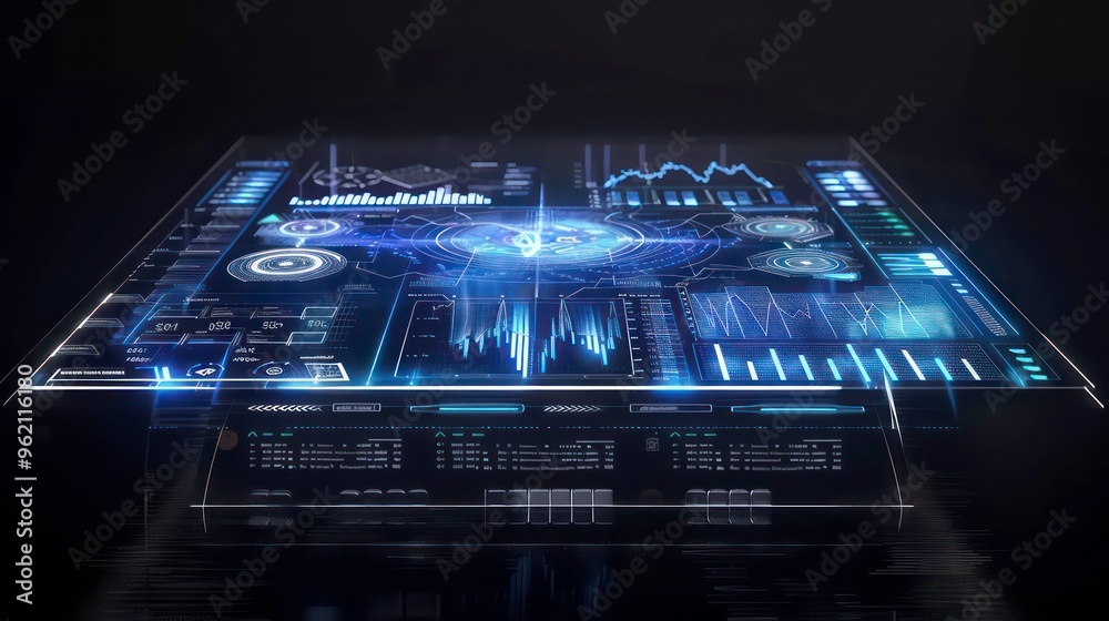 Wall mural a futuristic holographic display showcasing various data and graphs.