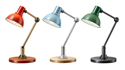 Colorful desk lamps arranged in a modern office, cut out transparent