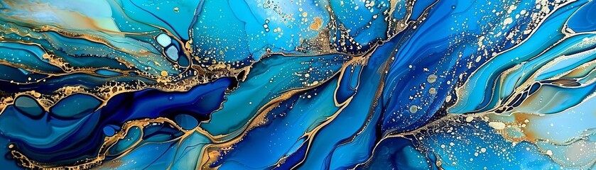 Abstract Blue and Gold Swirls, Alcohol Ink, Fluid Art, Ocean, Gold, Blue, Abstract Art