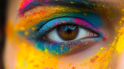 A stunning macro shot of a woman's vibrant eye adorned with eye-catching makeup, reflecting the festive spirit of India's Holi festival. 