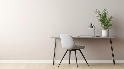 Minimalist workspace with a modern chair, sleek desk, and a single plant, promoting productivity