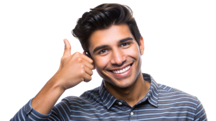 Young man smiling and giving a thumbs up indoors, cut out transparent