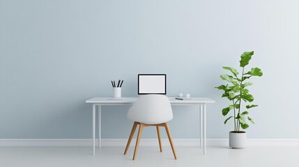 Minimalist workspace with a simple desk, ergonomic chair, and a single plant, emphasizing focus and productivity