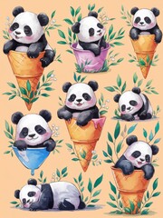 Fototapeta premium Cute Pandas in Ice Cream Cones Illustration on Pastel Background
