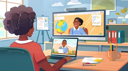 Teacher recording a virtual lesson on a laptop