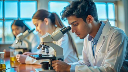 Indian student working in a biology lab, using microscopes to observe samples, enhancing their practical scientific knowledge.