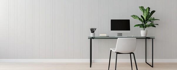 Minimalist workspace with clean lines, monochrome palette, and a sleek glass desk, conveying a sense of modernity and clarity