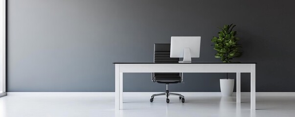 Minimalist workspace with clean lines, monochrome palette, and a sleek glass desk, conveying a sense of modernity and clarity