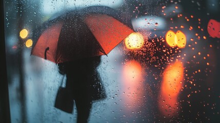 rainy day moments,  a person holding an umbrella, raindrops on a window