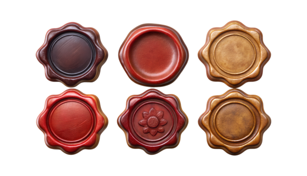 Colorful wax seals arranged on a white background, cut out transparent