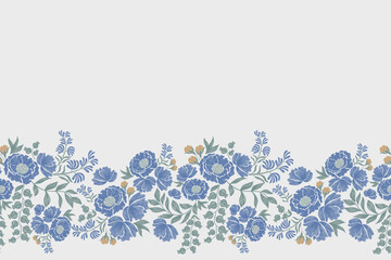 Blue floral pattern vintage ethnic modern tapestry embroidery texture boho design vector illustration hand drawn silhouette indigo flower motif branches leaves wallpaper seamless background border. © Wita Pixs