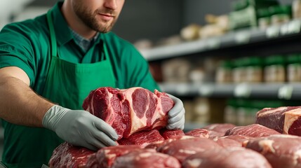 Butcher in green apron handling raw meat in a grocery store meat department, showcasing fresh beef cuts for sale on a counter.