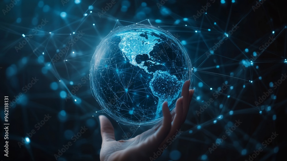 Poster blue digital globe held in hand with glowing data connections around the earth. global network and f