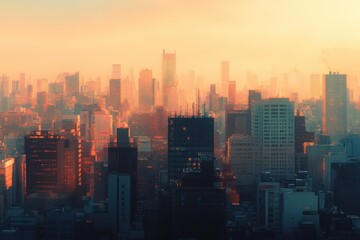 Obraz premium Cityscape at Sunset with Hazy Atmosphere
