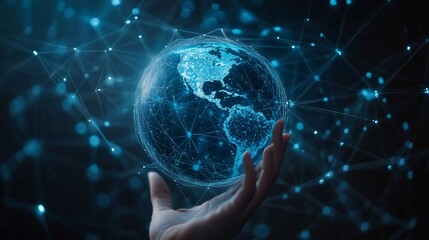 Blue digital globe held in hand with glowing data connections around the earth. Global network and futuristic technology concept.