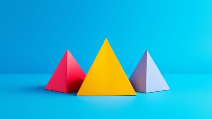 A vibrant composition featuring three pyramids in red, yellow, and blue hues against a clean blue background. The bright colors and simple arrangement create a modern and playful atmosphere, perfect