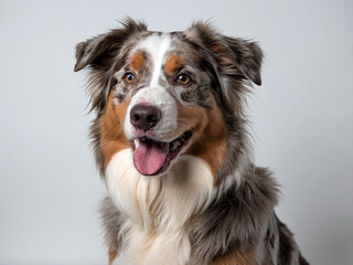 Portrait of a playful Australian Shepherd dog, isolated background photography