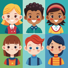 Character set of Avatars collection of children. Cute faces of different nationalities boys and girls. Vector illustration