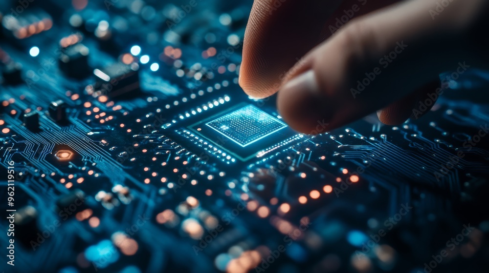 Poster Fingers placing a microchip on a glowing motherboard, symbolizing hardware development and technology.