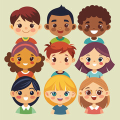 Character set of Avatars collection of children. Cute faces of different nationalities boys and girls. Vector illustration