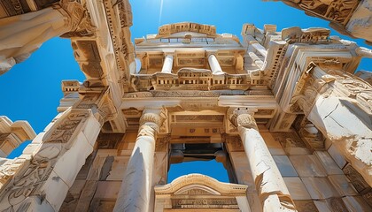 This is a low-angle view of an ancient building, showing the building's meticulous carving and blue sky background, as well as the bright sunlight effect.